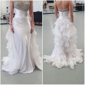 Mac Duggal white ruffle rhinestone formal evening